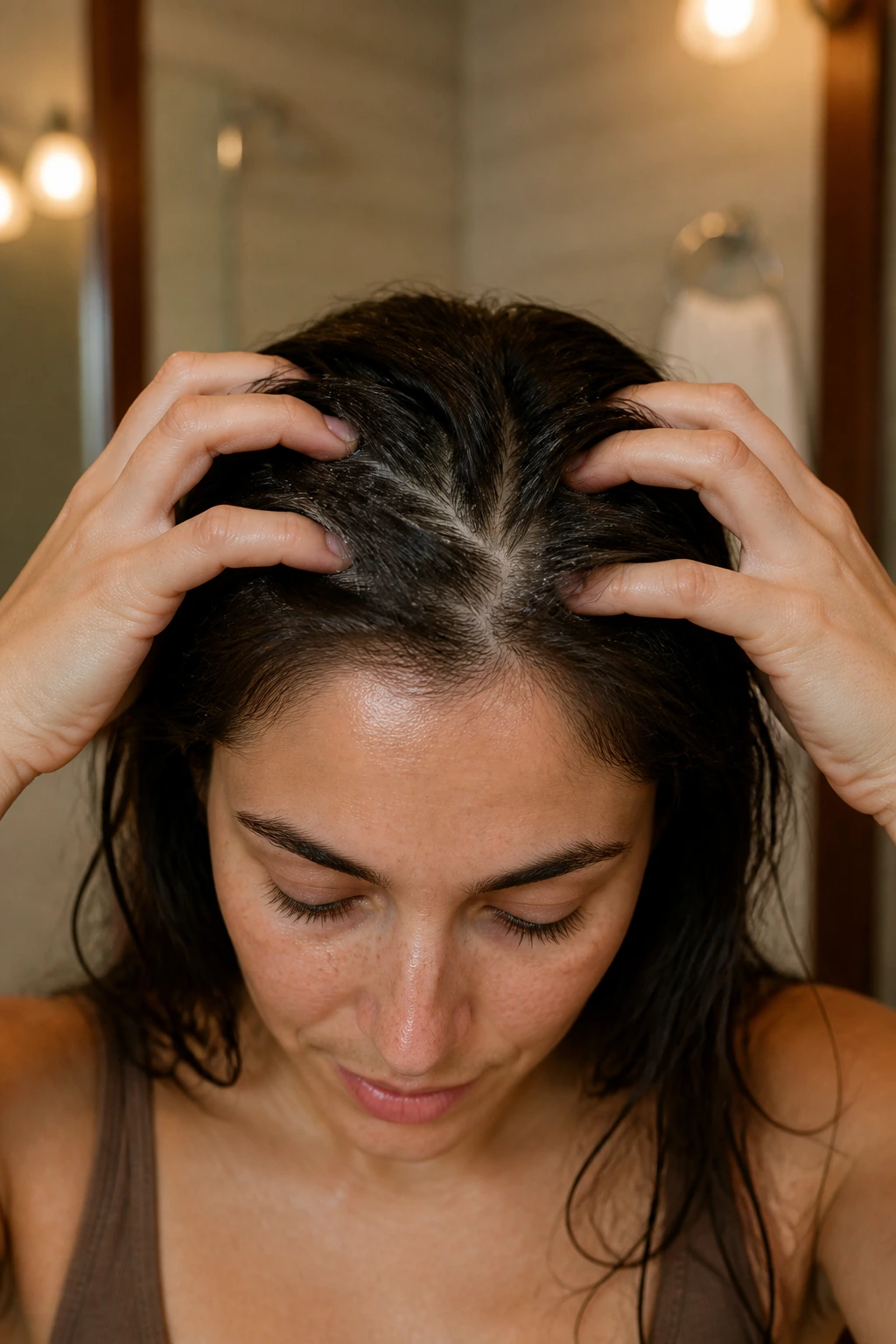 Close-up of fingertips massaging the scalp on a real person in a bathroom
