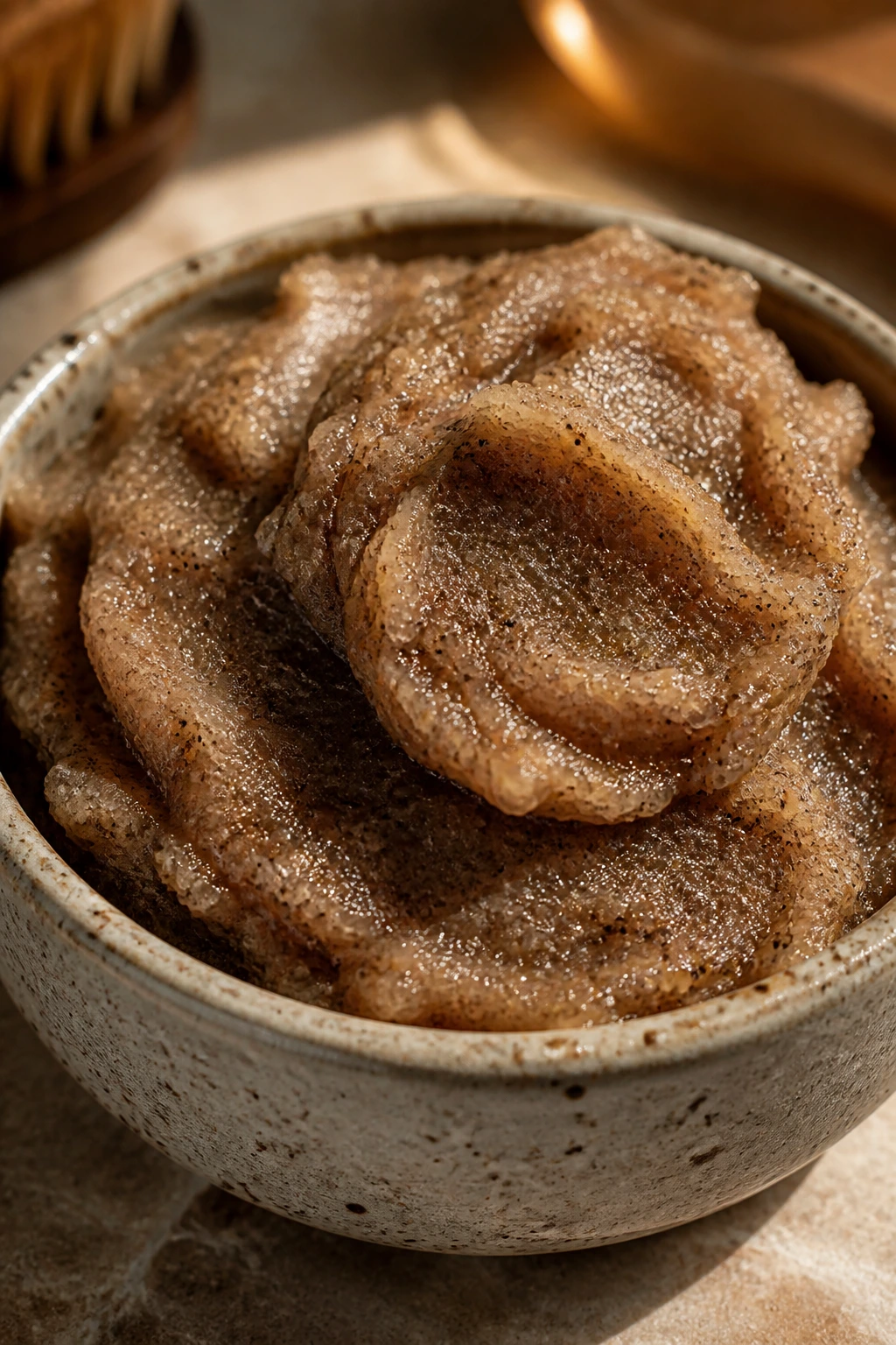 Close-up of scalp scrub texture in a ceramic dish on a bathroom counter