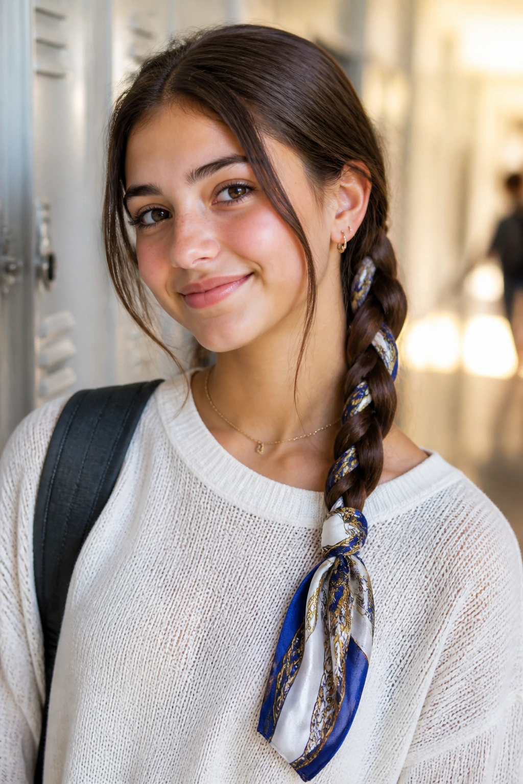 Portrait of student with scarf-integrated braid hairstyle.