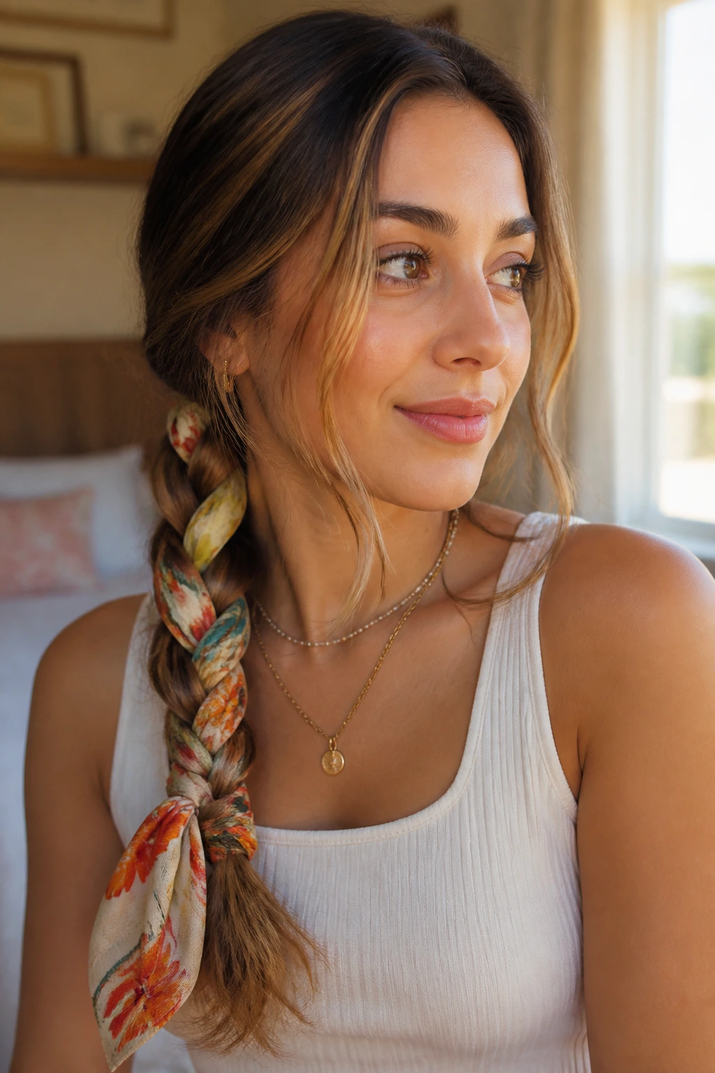 Close-up of a real person with a side-swept scarf braid in a cozy bedroom with natural light