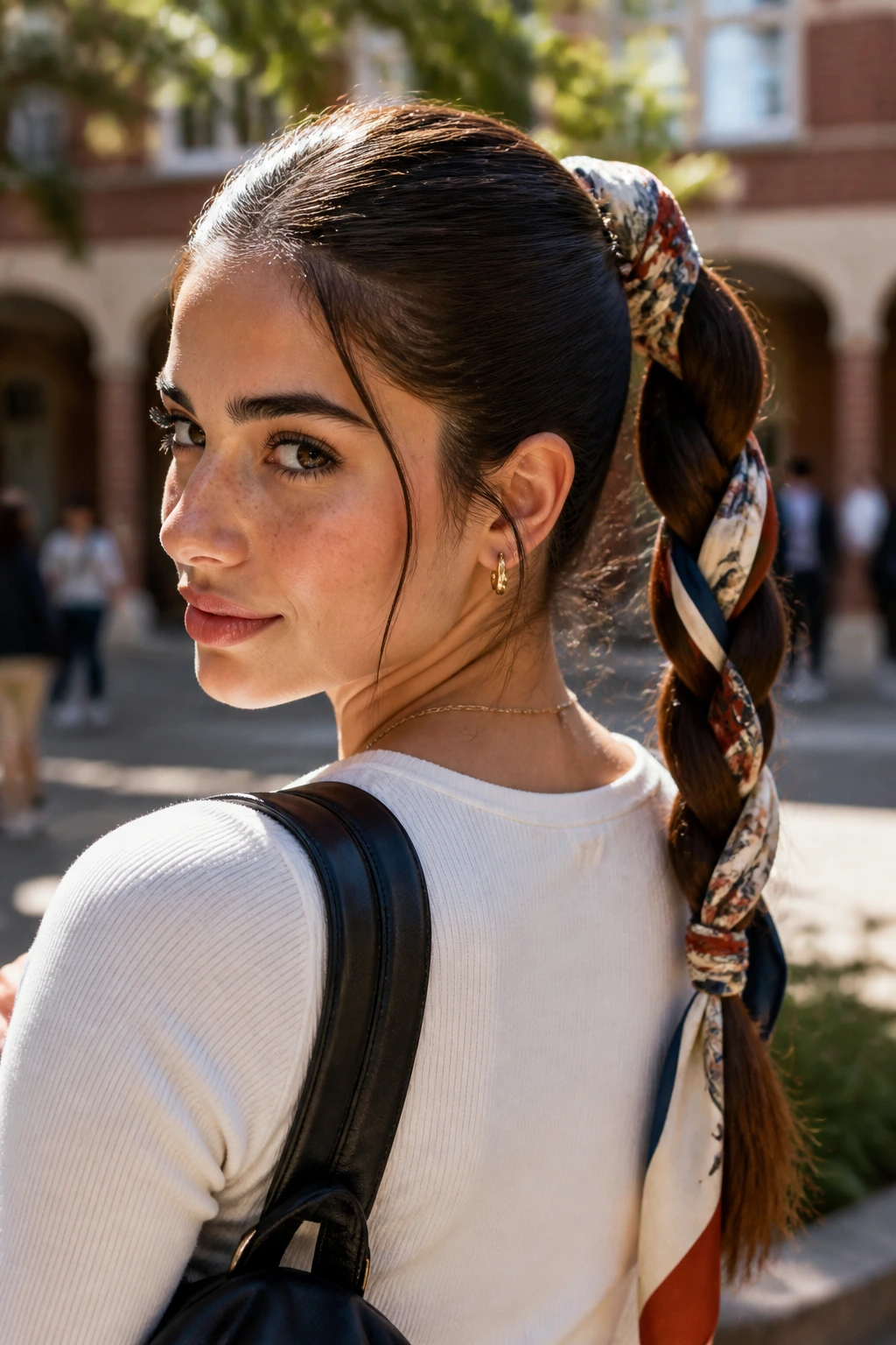 Real woman with scarf braided into a ponytail in a courtyard