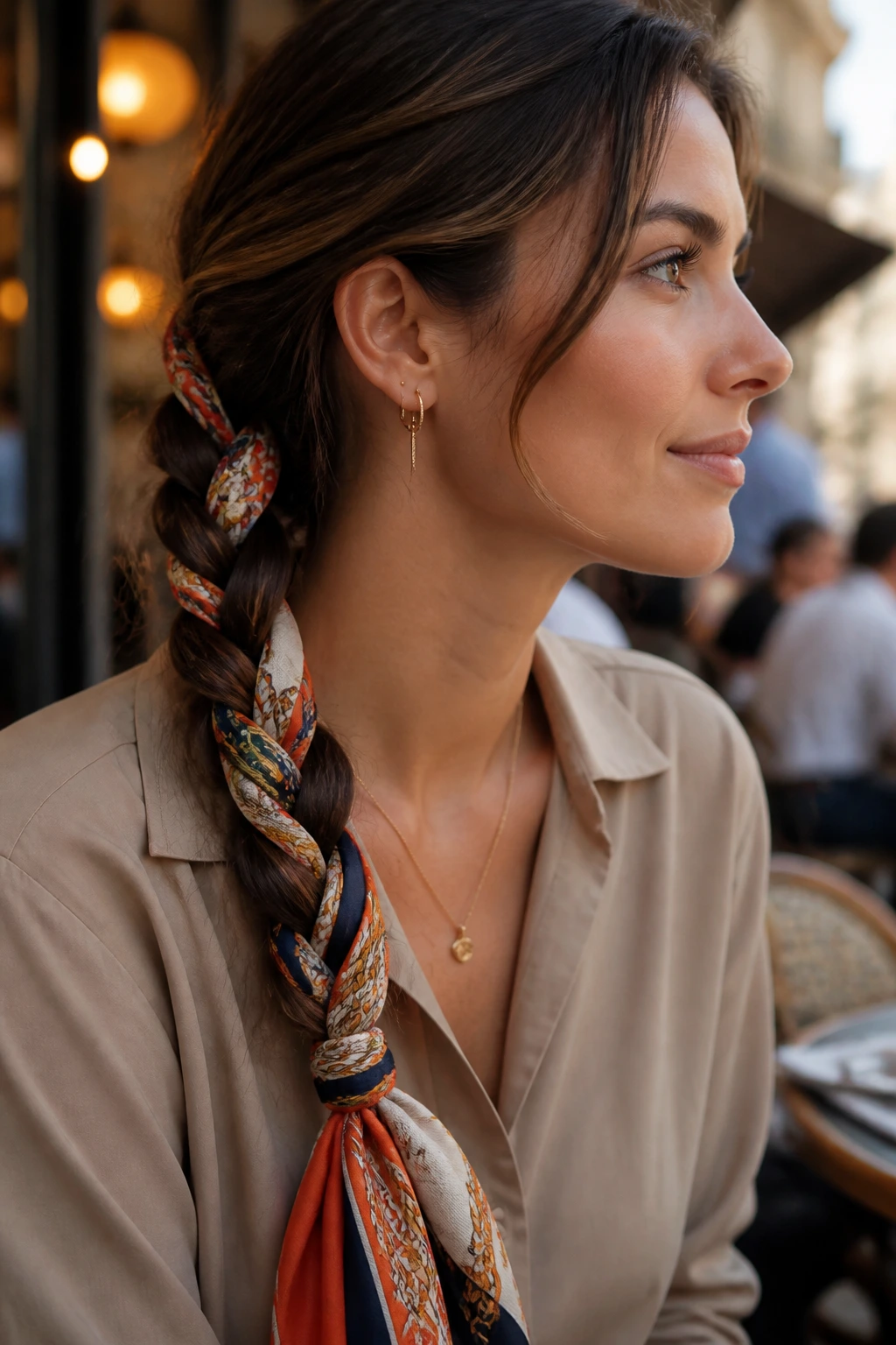 Close-up of a real woman with a scarf-integrated braid hairstyle