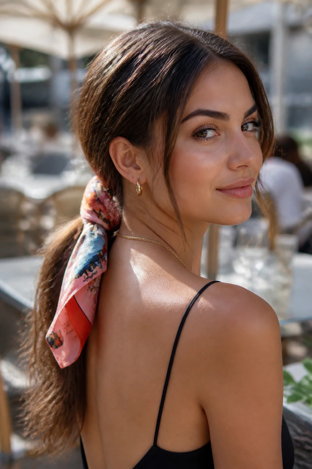 Close-up of a real person with a low scarf-ponytail hairstyle