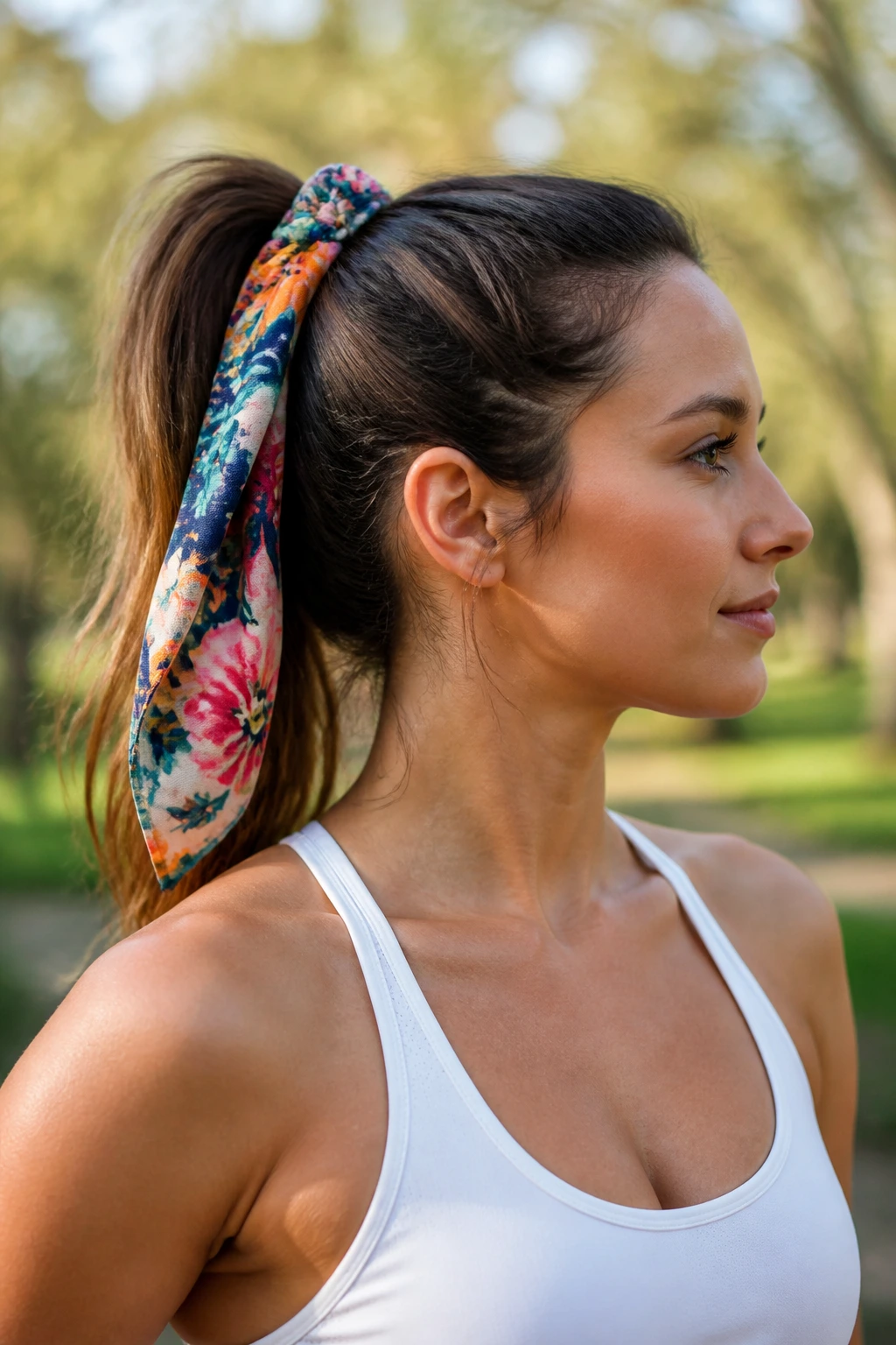Close-up of a woman wearing a cotton scarf tied around her ponytail during a workout