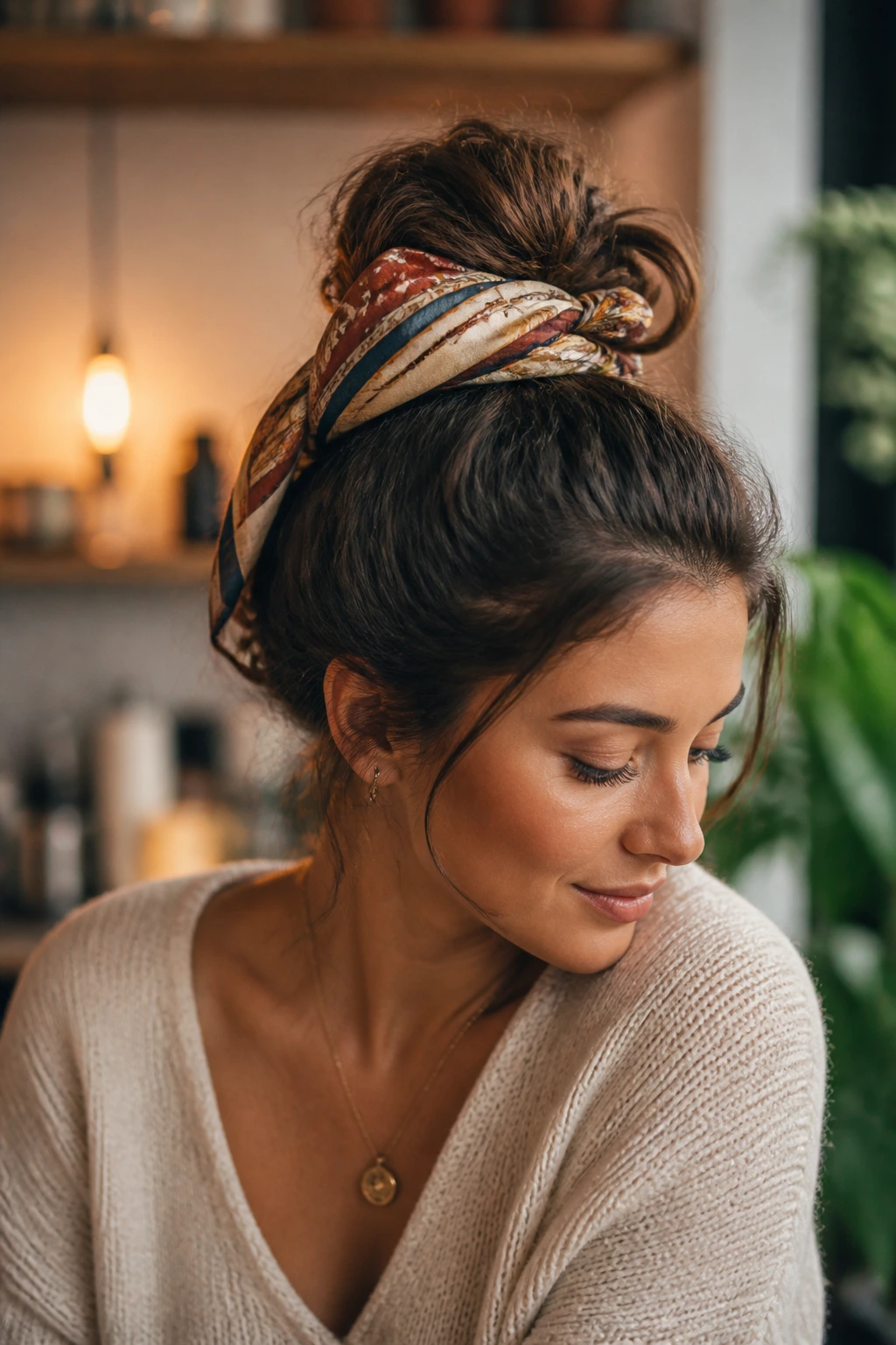 Close-up of a real woman wearing a scarf-wrapped bun updo.