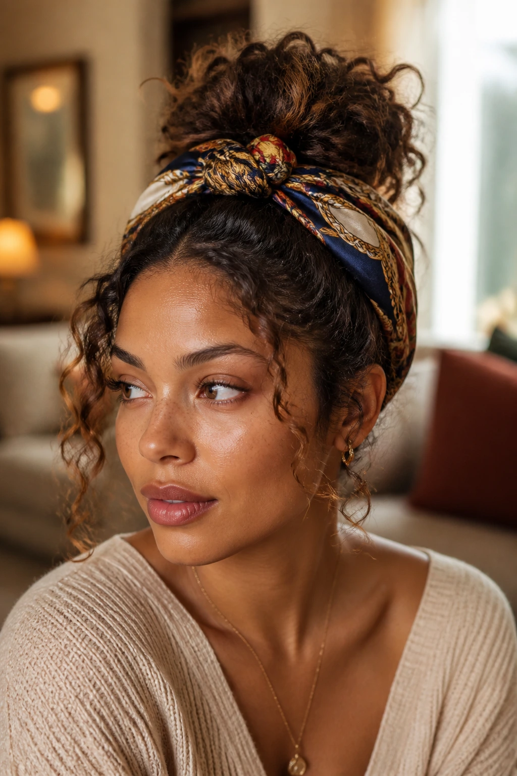 Close-up of a real person wearing a scarf-wrapped updo