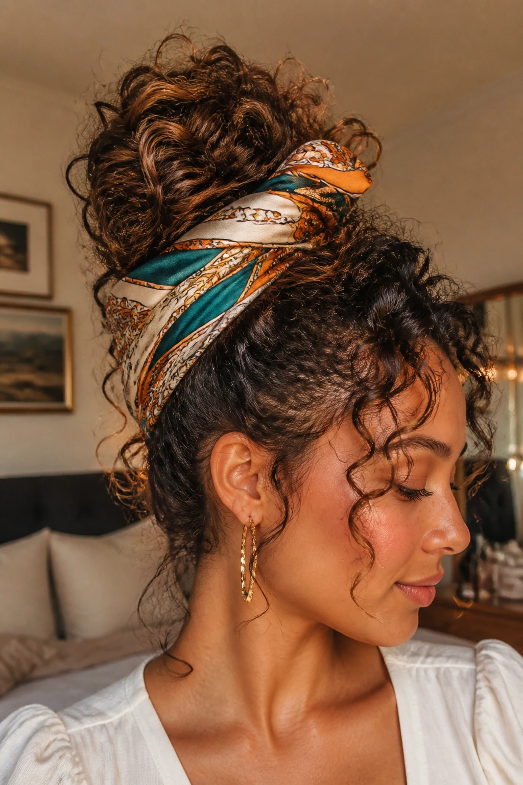 Close-up of a real woman with a silk scarf wrapped updo.