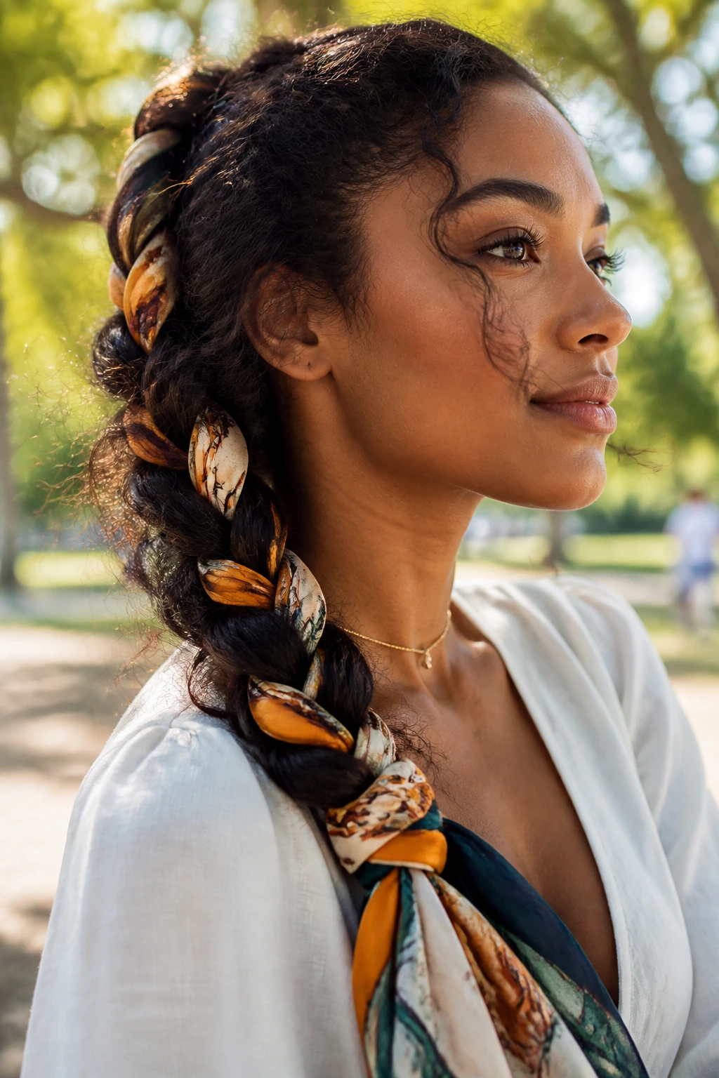 Side profile of a real woman with a scarf-woven braid on curly hair