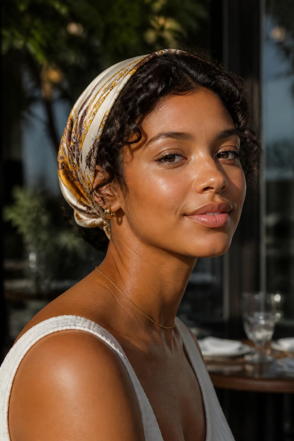 Close-up of a real woman with scarf-wrapped hair