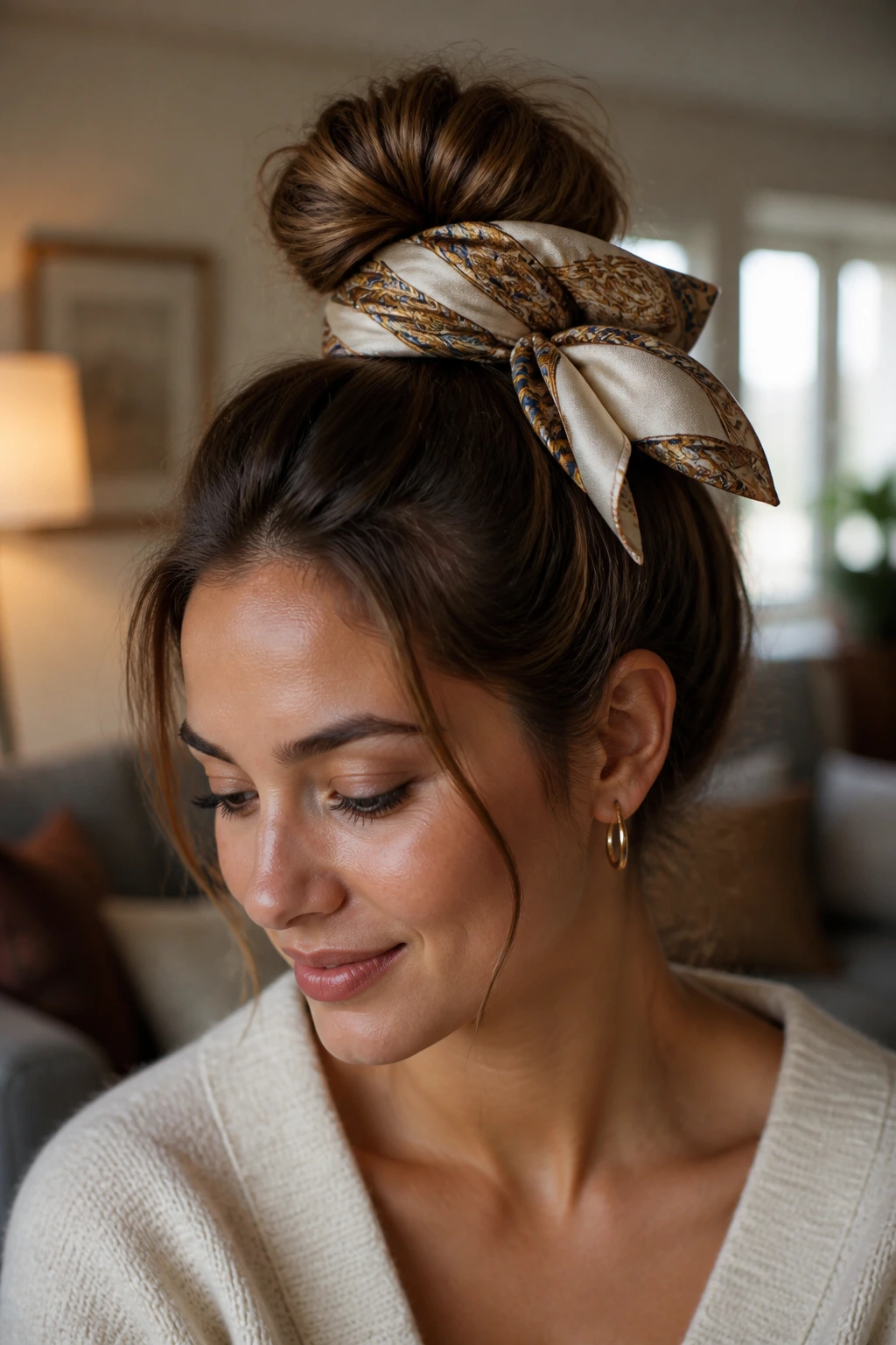 Close-up of a woman with a scarf-wrapped bun in a cozy room