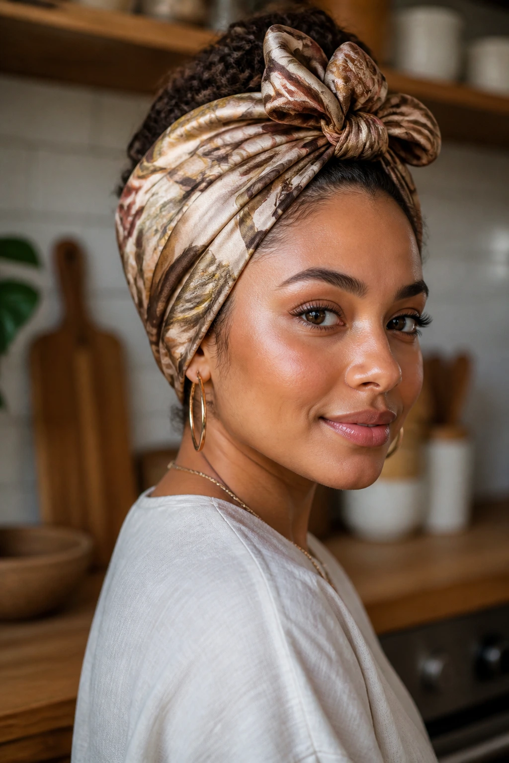 Close-up of a real woman with scarf-wrapped updo
