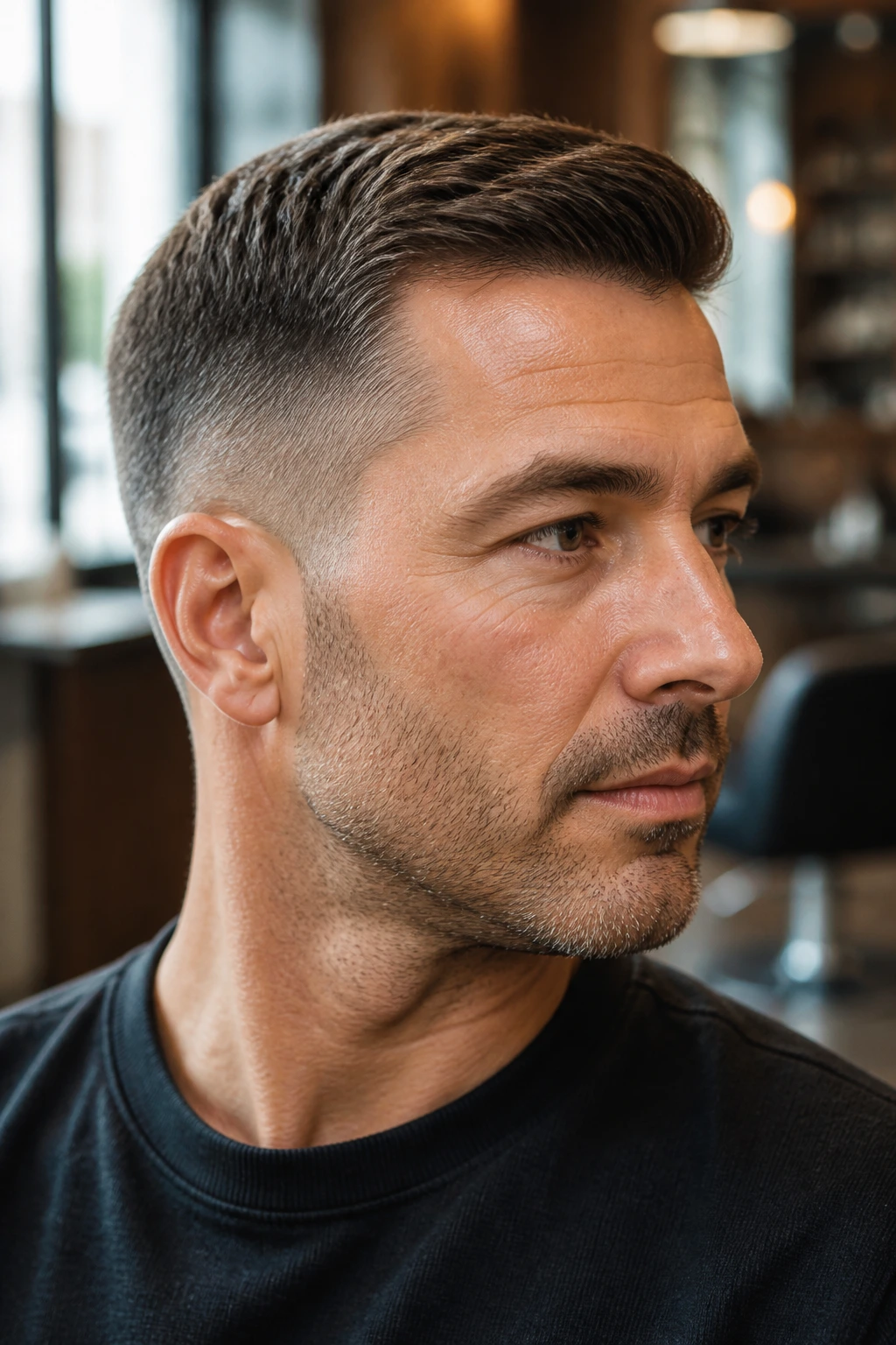 Close-up portrait of a man with a classic scissor-cut taper hairstyle in barbershop lighting