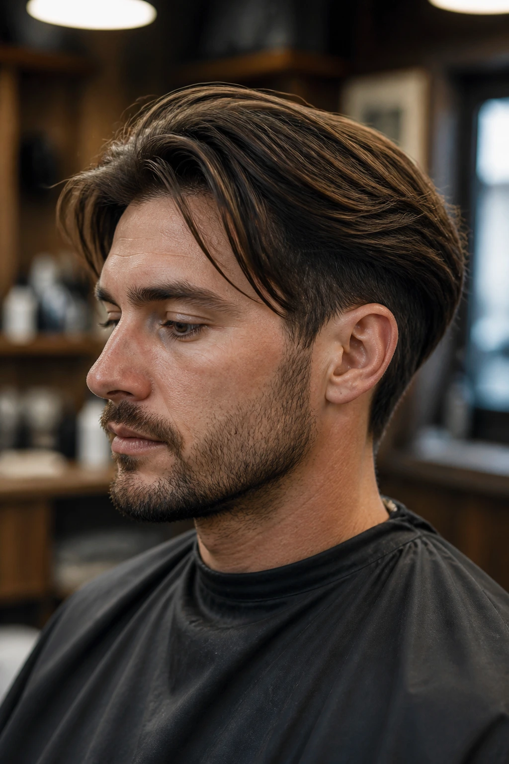 Man with scissor-cut undercut hairstyle in barbershop setting.