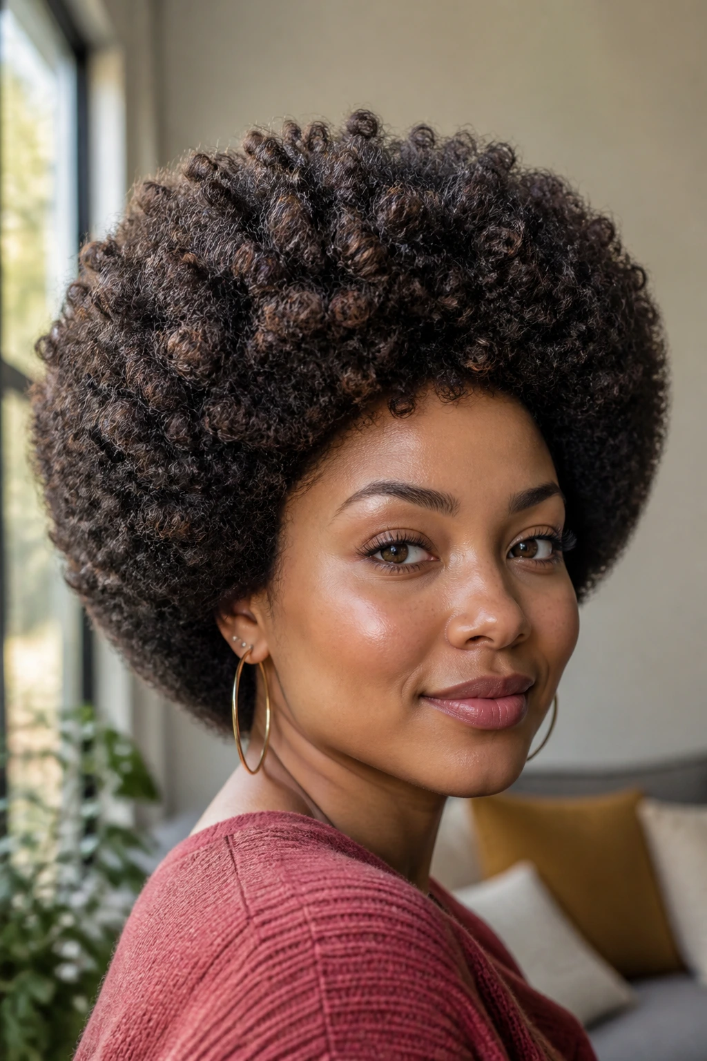 Close-up of a real person with a sculpted rounded Afro silhouette