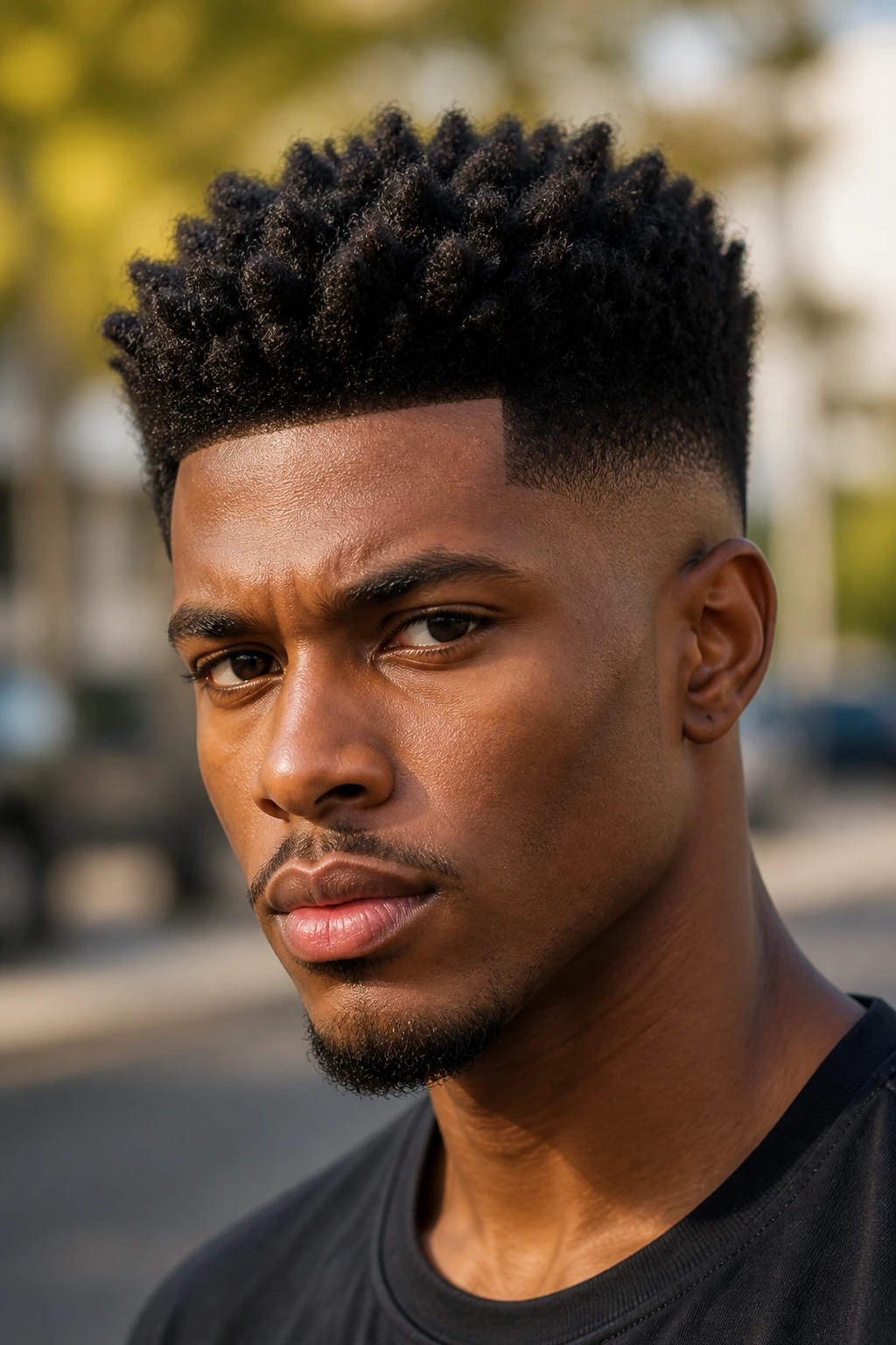 Close-up of a real person with a sculpted Afro fade