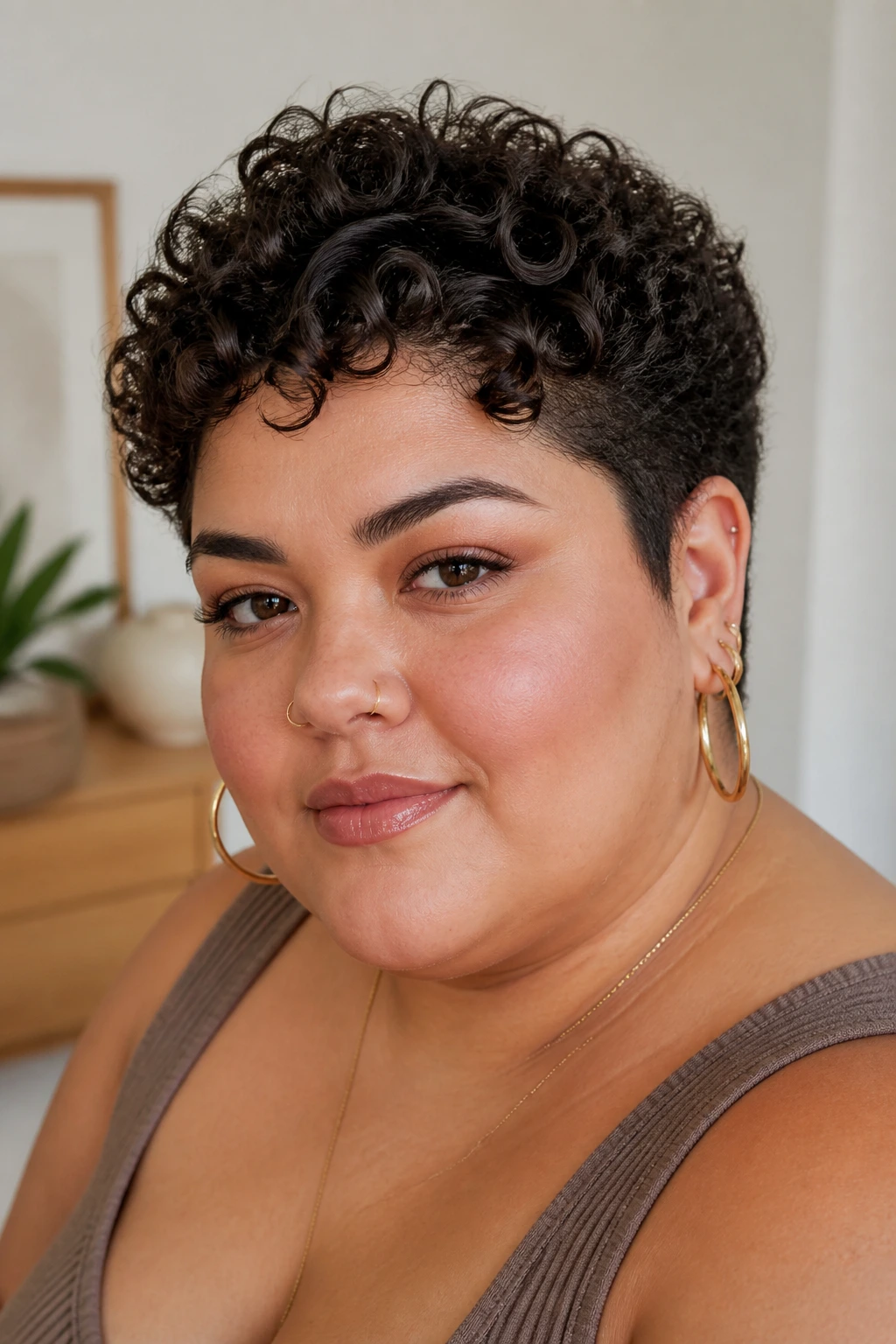 Close-up of a real person with a sculpted curly crop in warm indoor light