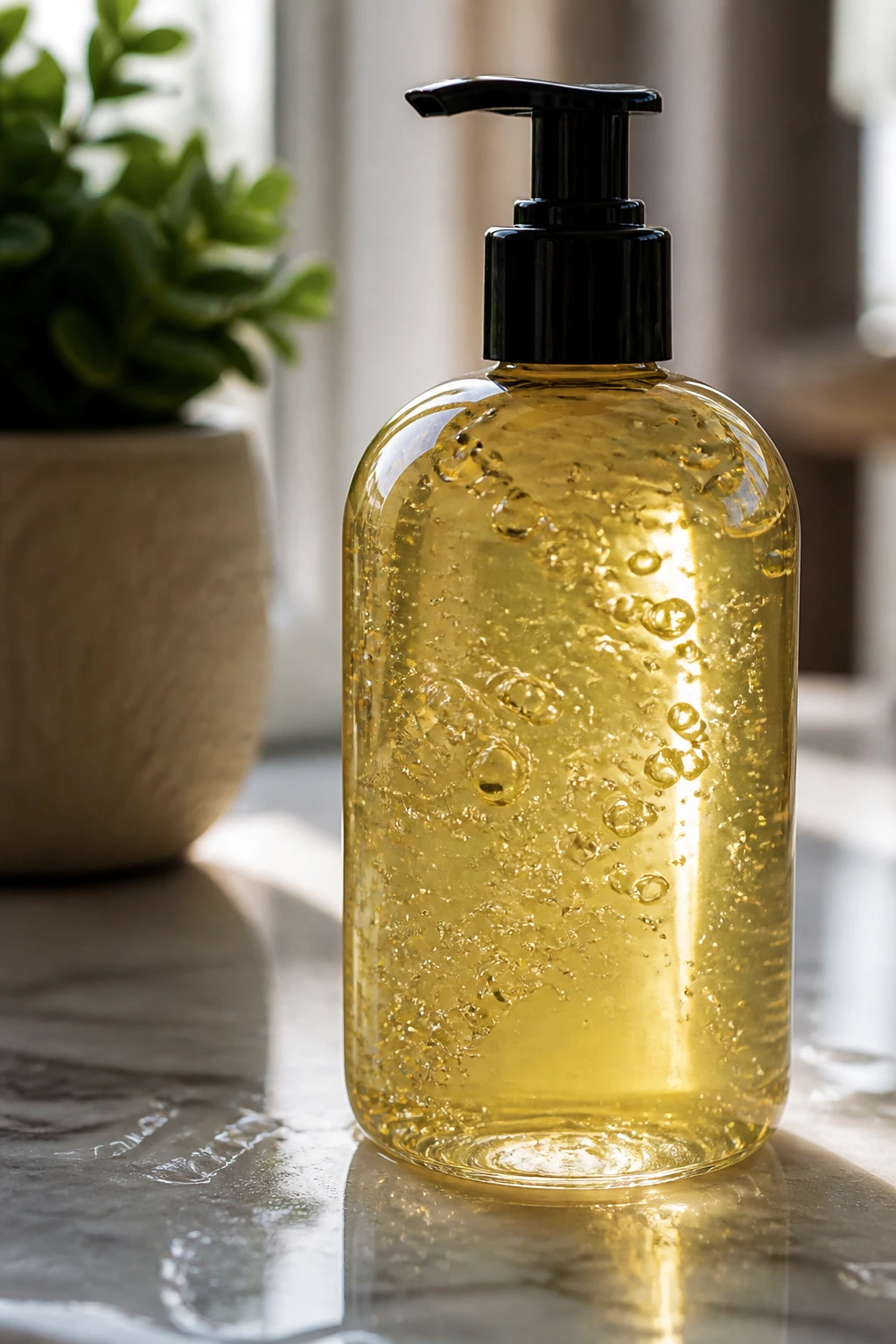 Unlabeled sculpting gel bottle on bathroom counter, natural light.