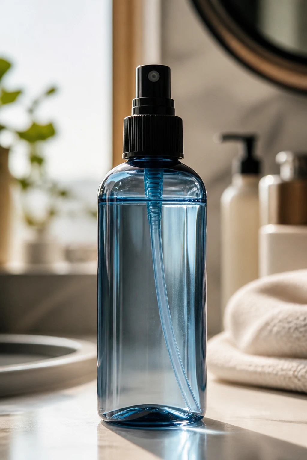 Close-up of an unlabeled sea salt spray bottle on a bathroom counter with natural light