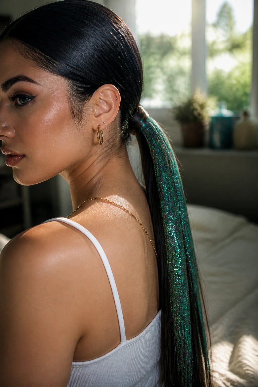 Close-up of a real woman with a sleek low ponytail covered in seafoam green glitter