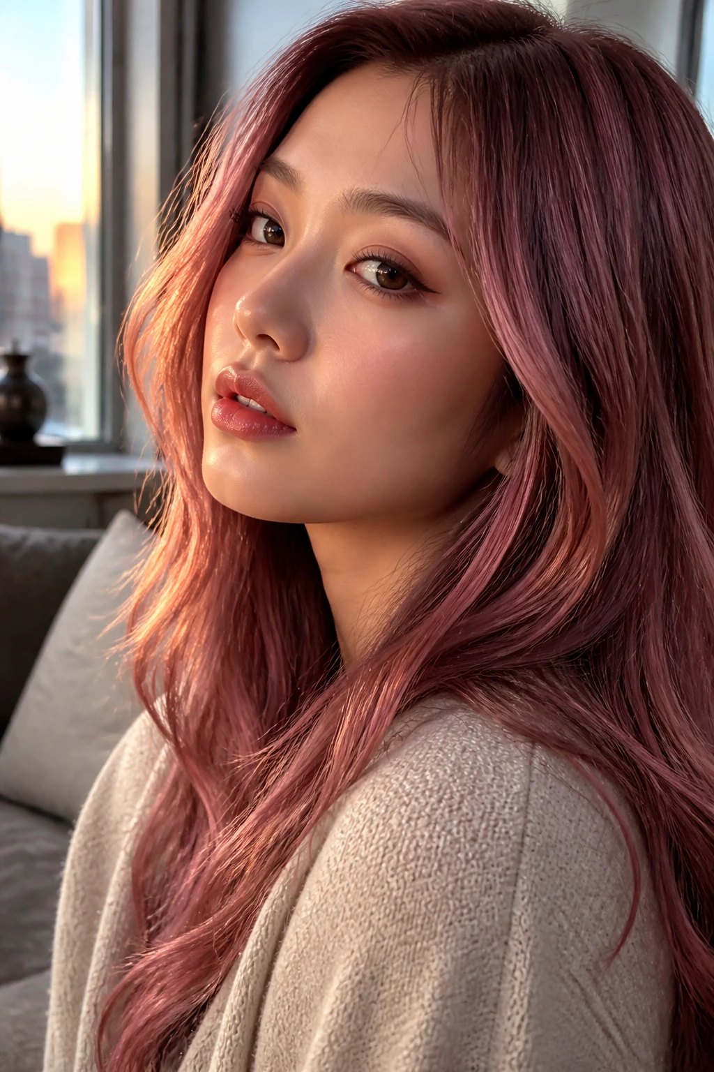 Close-up of a real person with rose-wine hair showing seasonal tonal shifts