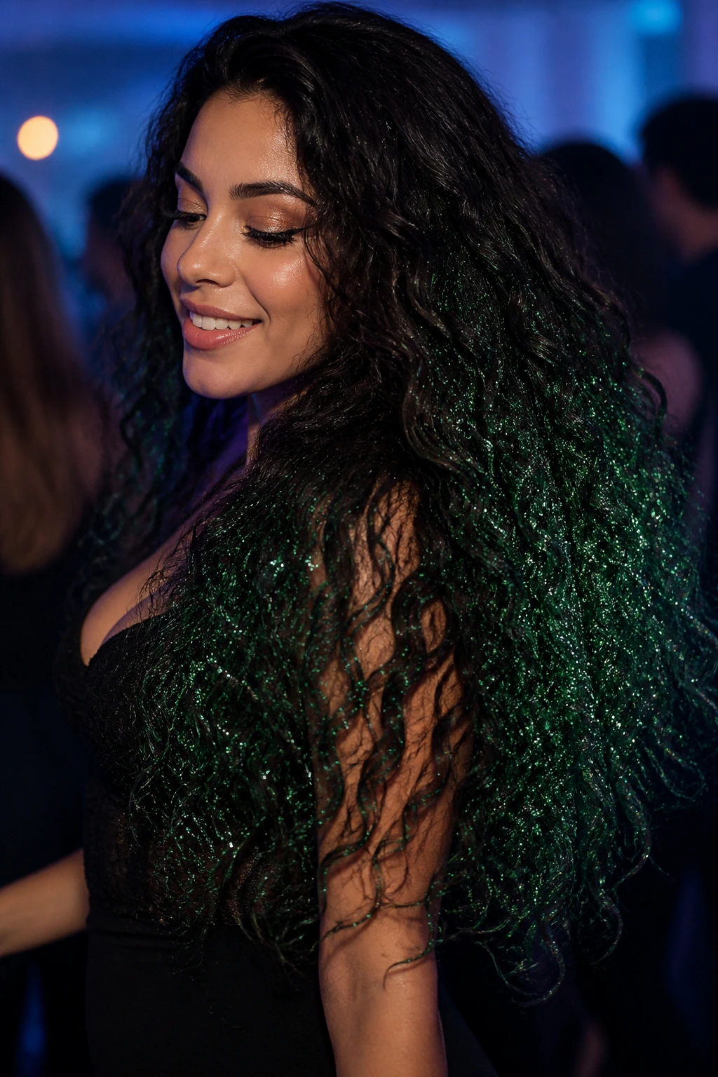 Real woman with long, thick curls sparkling with seaweed green glitter on mid-lengths