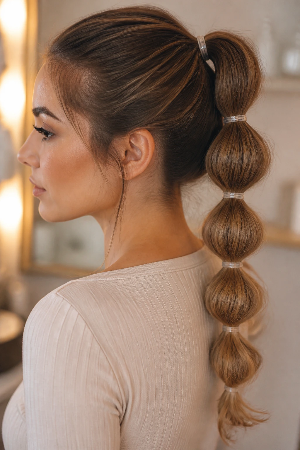 Close-up of a real person with a segmented ponytail showing segmented bubbles