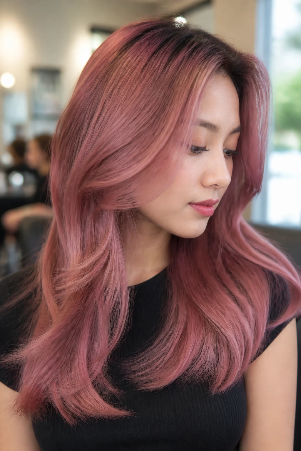 Real person with vibrant rose wine hair from semi-permanent deposits