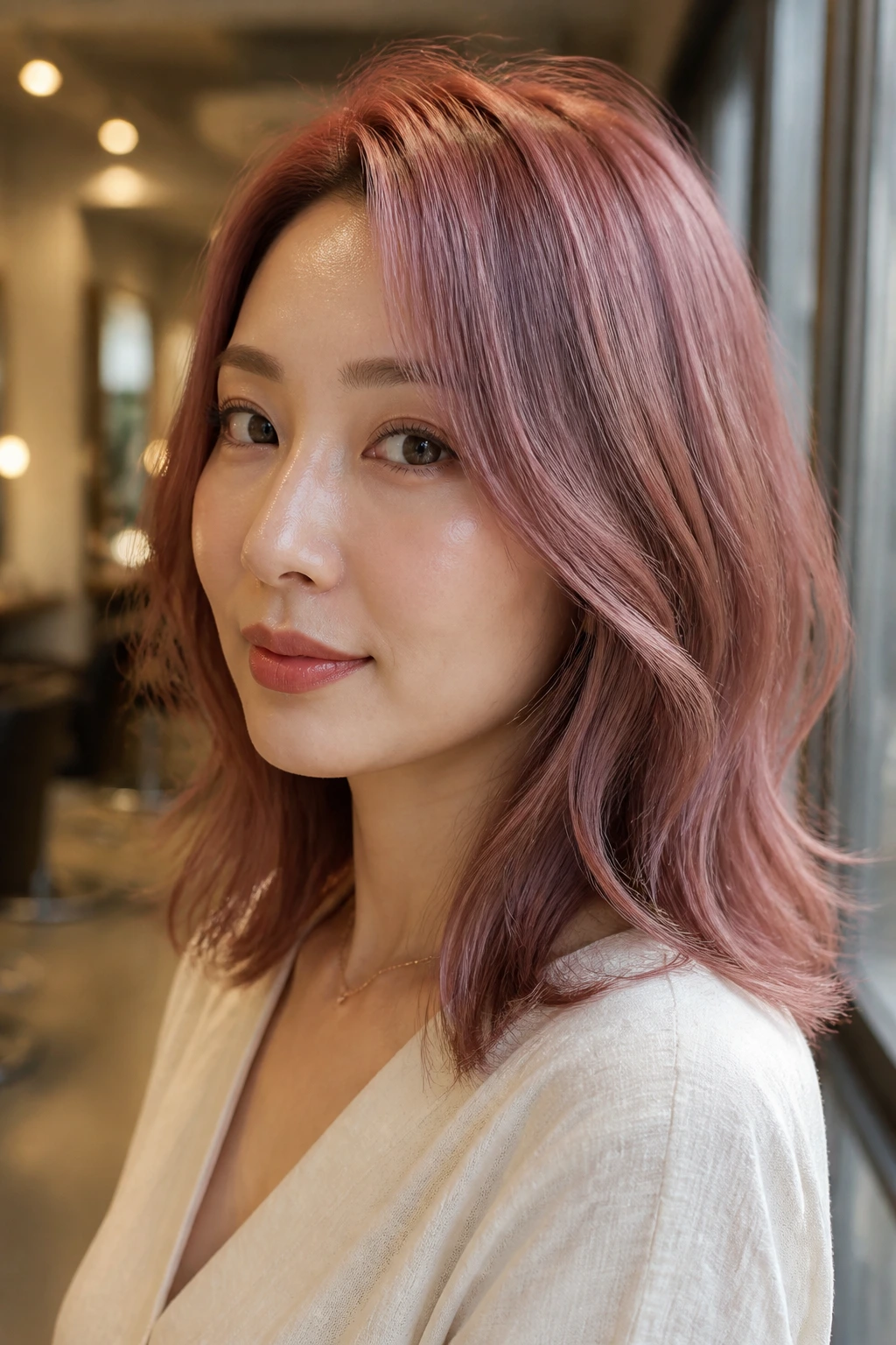 Real person with complexion-matching rose shade in profile