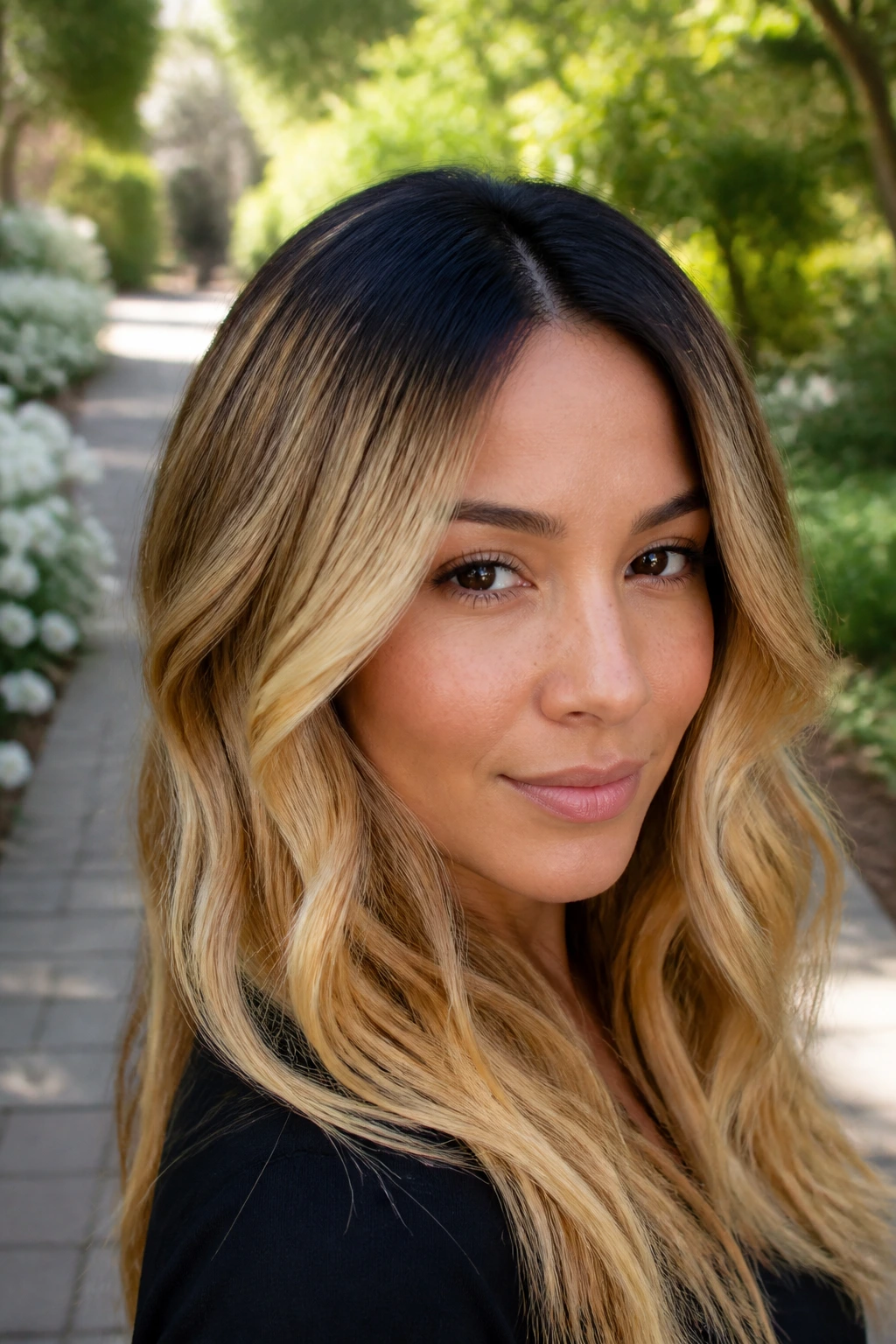 Real person with black roots transitioning to gold shadow roots and bright gold ends.