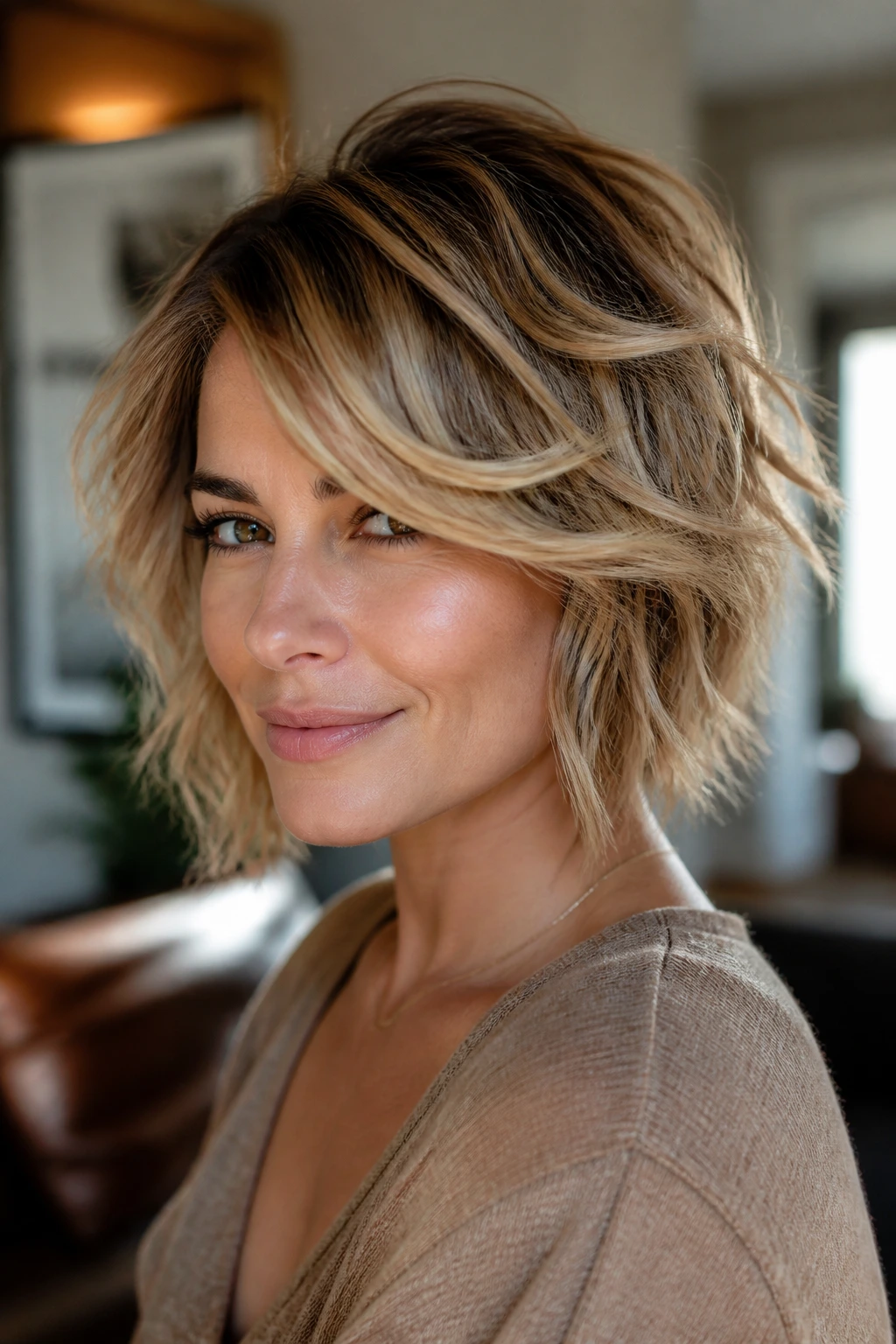 Real woman with choppy shag bob and golden balayage in warm light.
