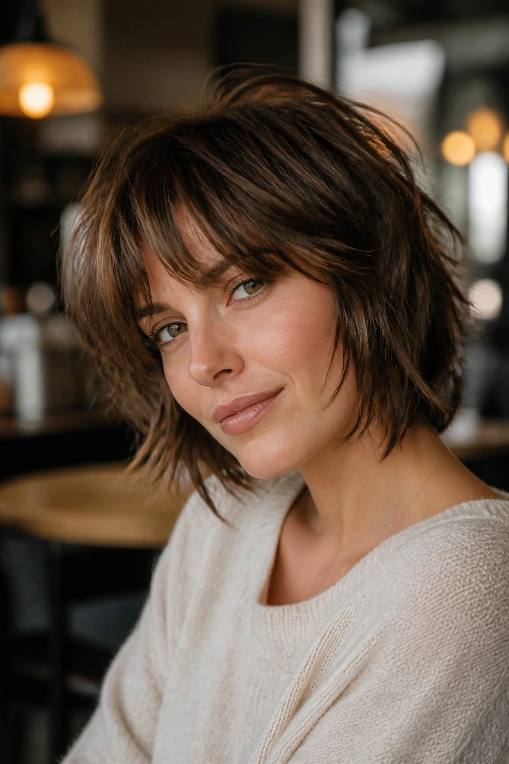 Portrait of a woman with a softly layered shag-bob showing crown volume
