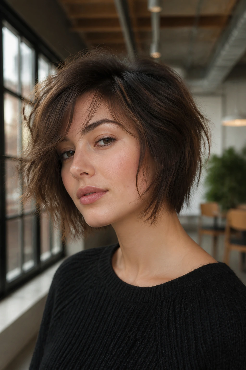 Close-up portrait of a woman with a modern shag bob in natural light.