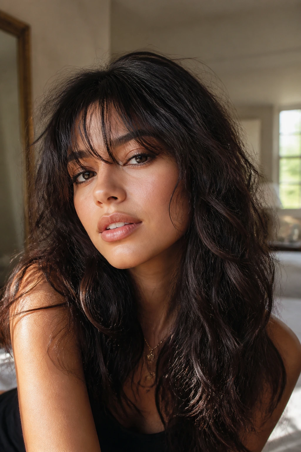 Close-up portrait of a Latina woman with shag fringe and natural textured hair in warm window light