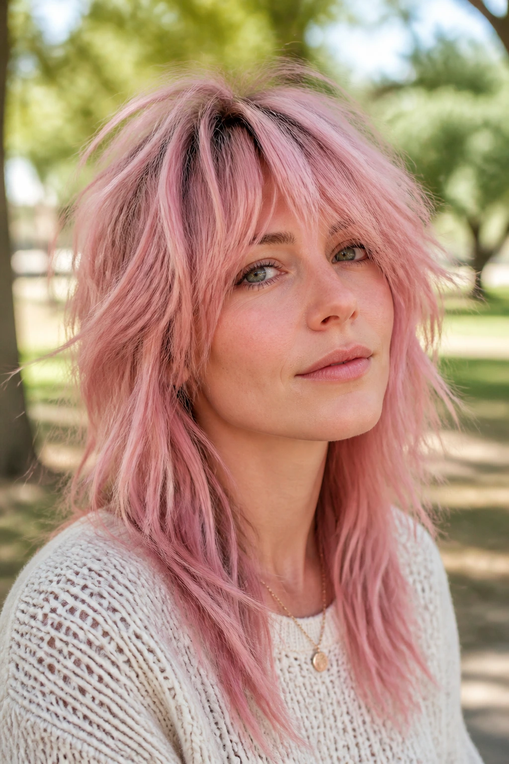 Real woman with shag haircut in layered millennial pink hair
