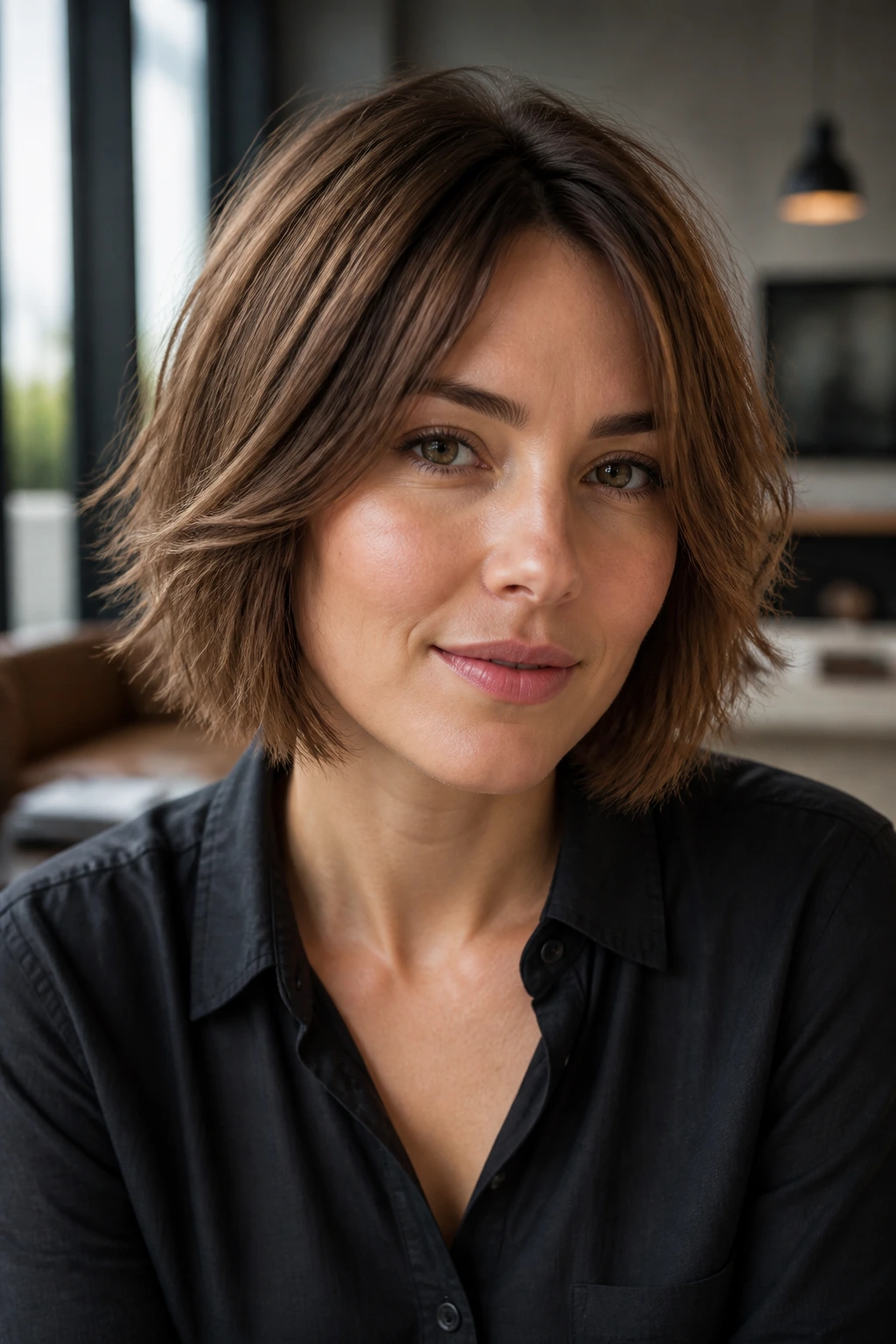 Close-up of a real woman with cheekbone-level Shag-Lite layers