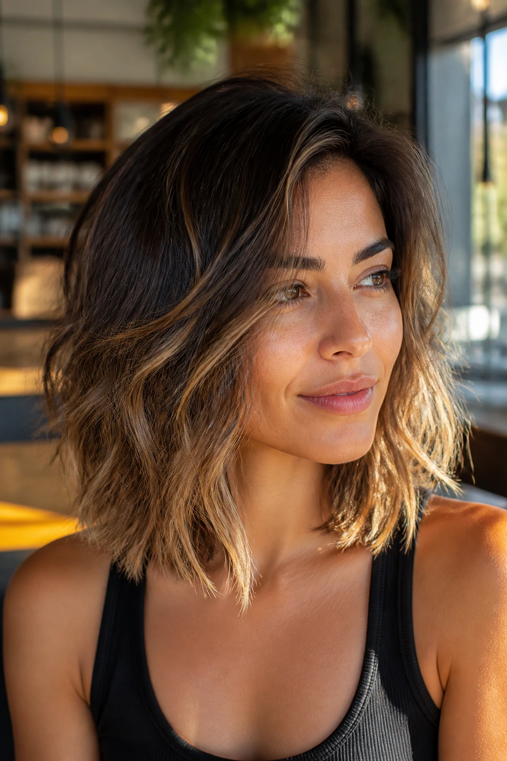 Portrait of a real woman with textured shag-lob haircut and golden balayage tips