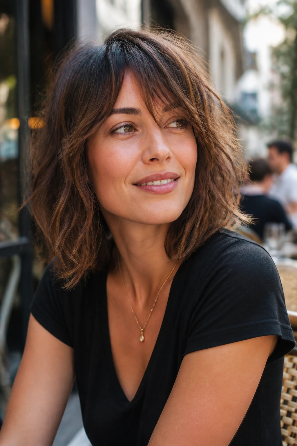 Real woman with modern shag-lob hybrid hairstyle in street cafe setting