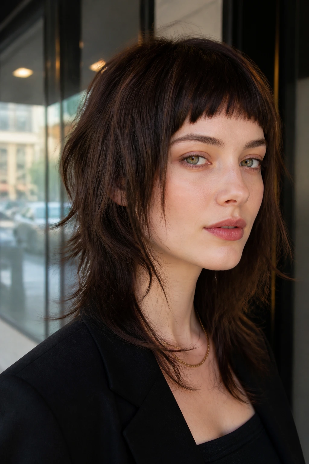 Portrait of a person with shag haircut and micro-bangs in an urban setting.