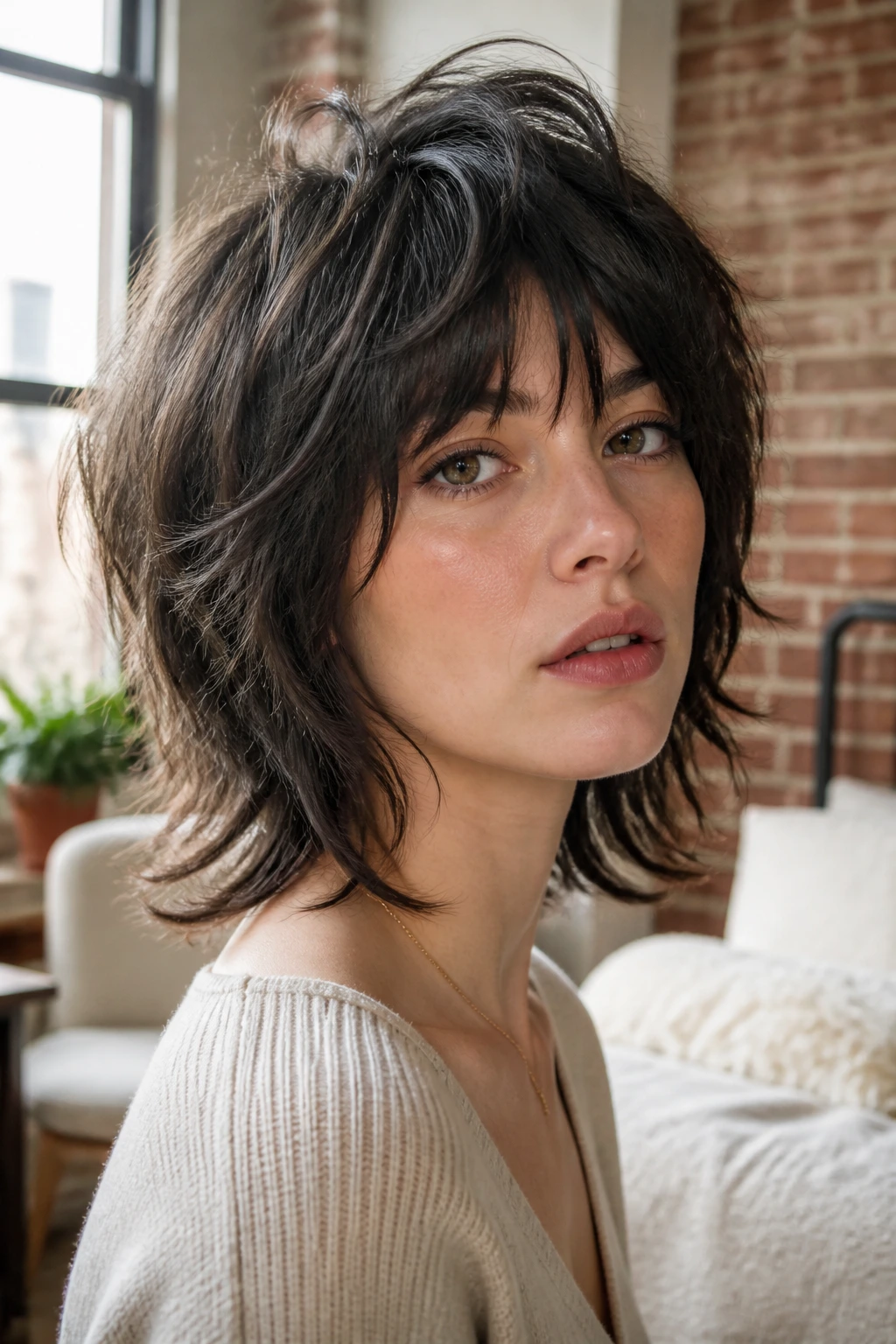 Close-up portrait of a real woman with a neck-length shag under natural light