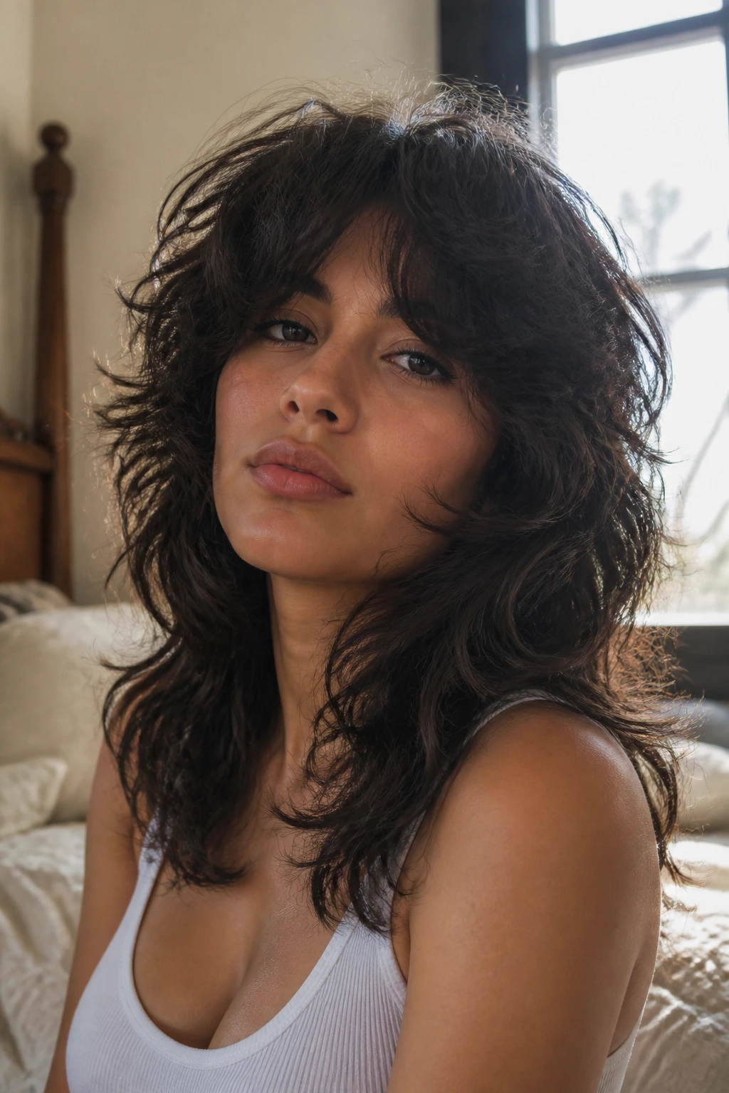 Close-up of a Latina woman with cascading voluminous shag and heavy fringe
