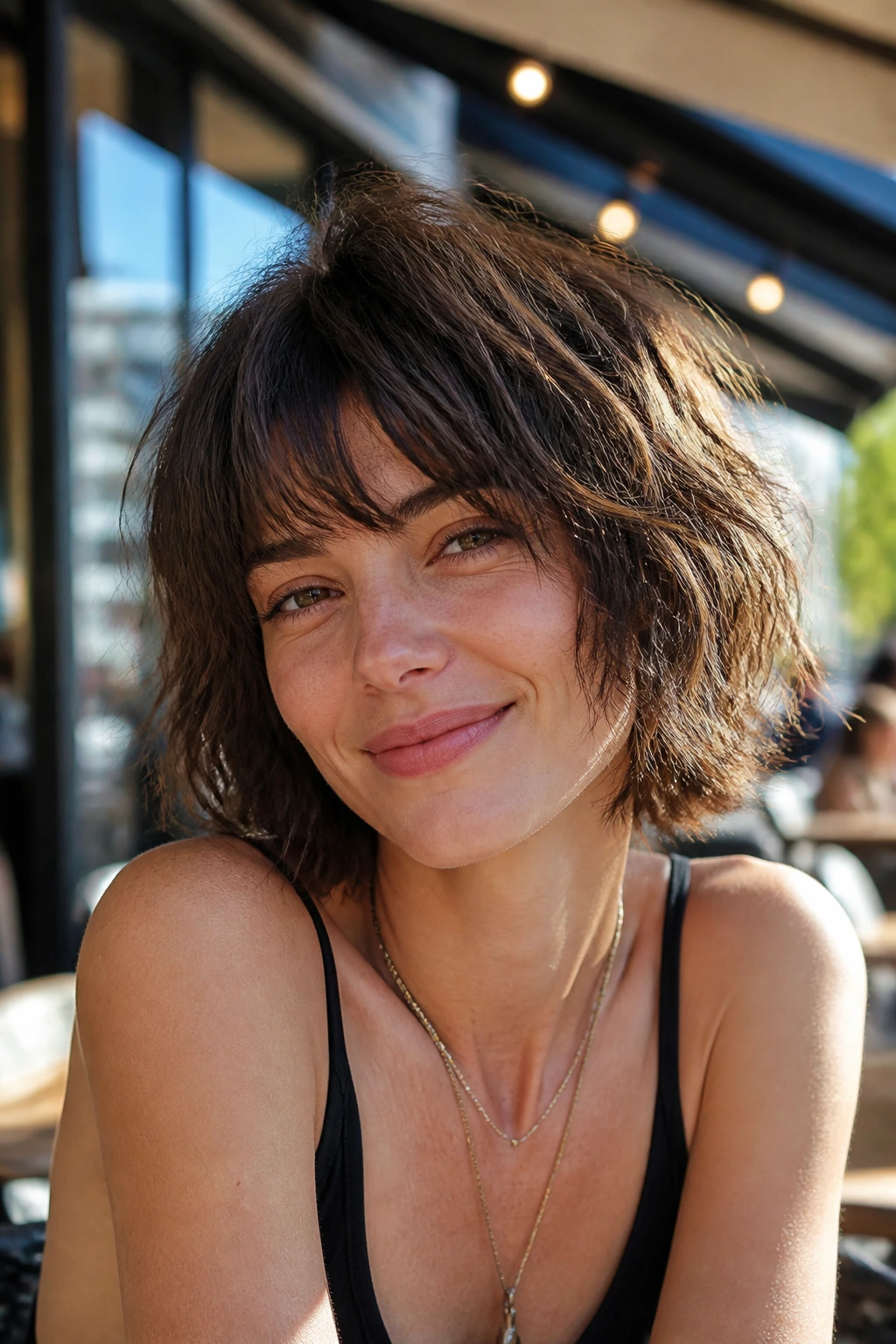 Real woman with shaggy bob and bangs in sunny street cafe light