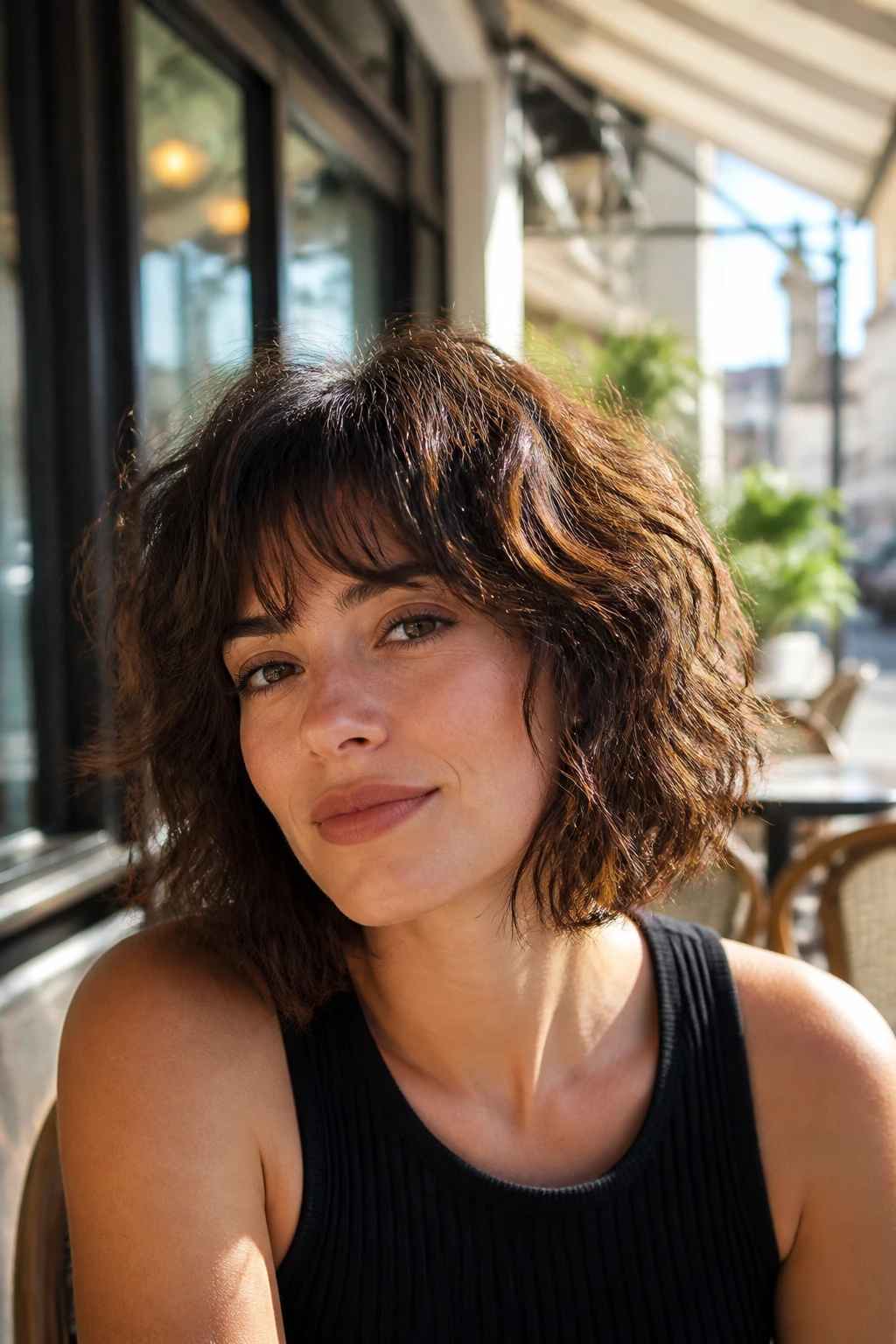 Close-up of a real woman with a shaggy bob and choppy layers