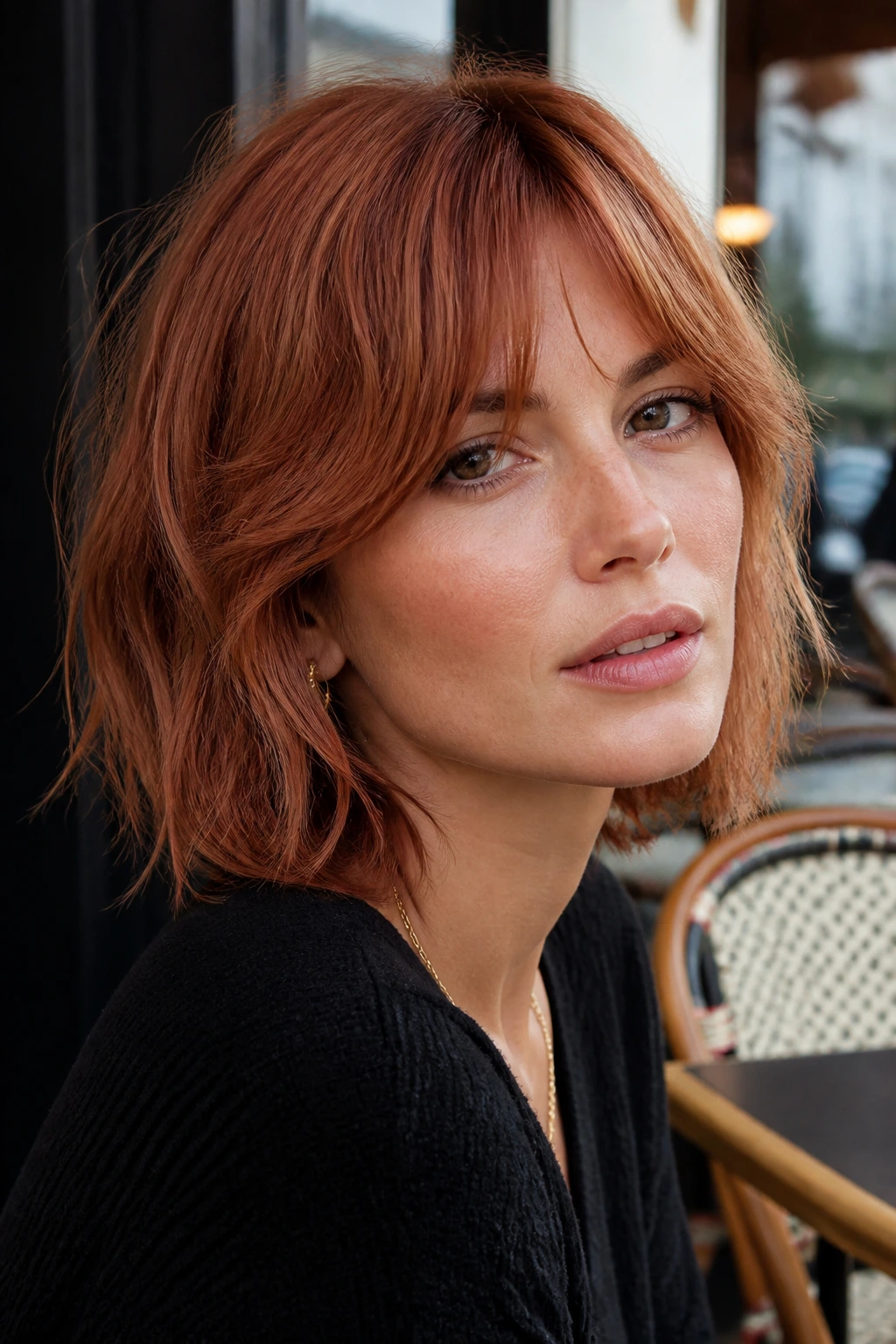 Close-up of a real woman with shaggy bob and curtain bangs in muted copper