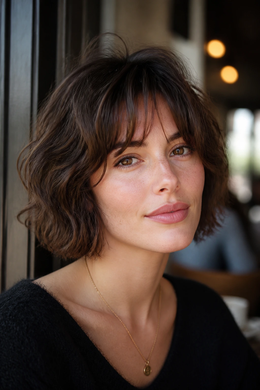 Portrait of a woman with a French-girl shaggy bob and curtain bangs