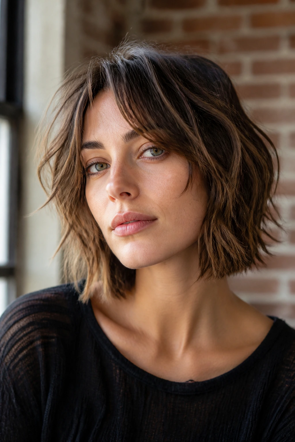 Close-up of a woman with a shaggy bob and disconnected curtain fringes