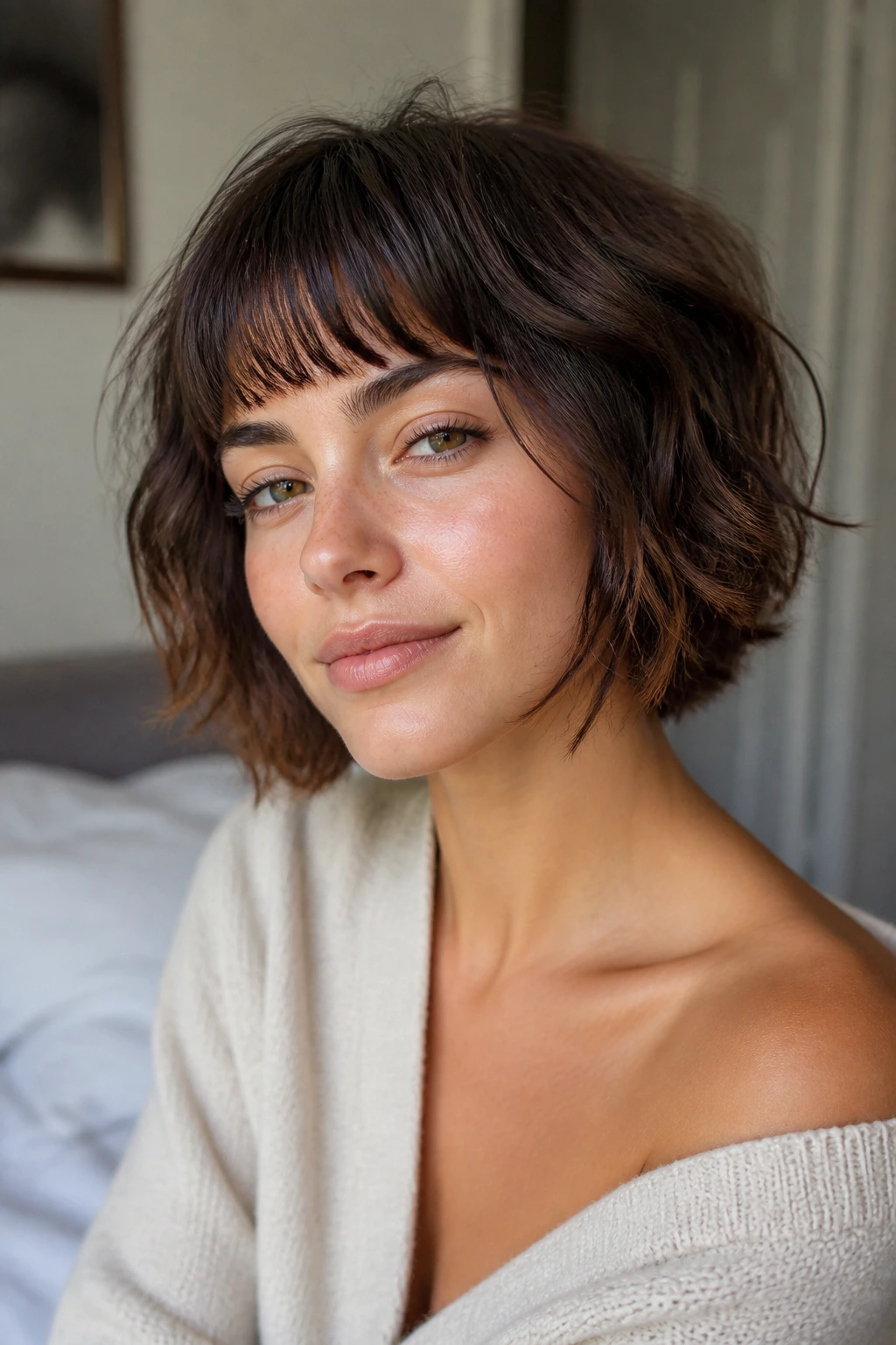 Close-up of a real woman with shaggy bob textured hair in natural window light