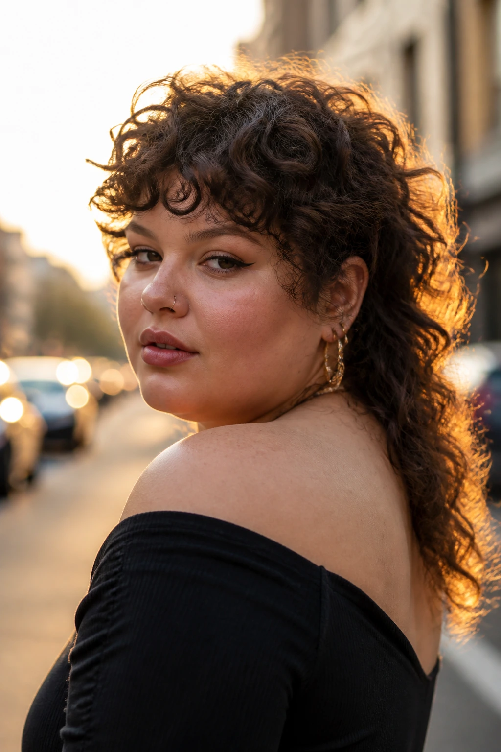 Close-up portrait of a person with a shaggy curly mullet on an urban street at golden hour.