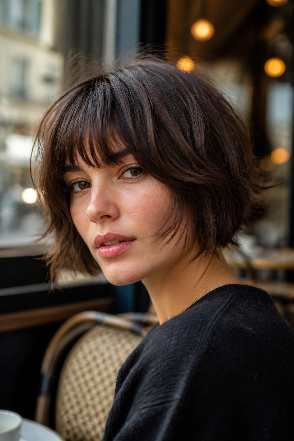 Close-up portrait of a real woman with a shaggy French bob and wispy fringe.