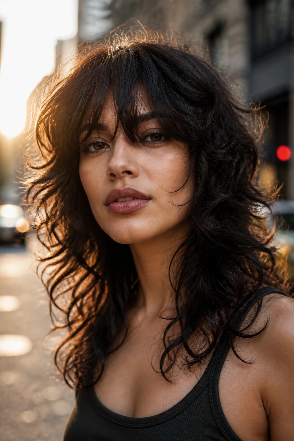 Close-up of a real person with shaggy fringe butterfly hairstyle on urban street at golden hour