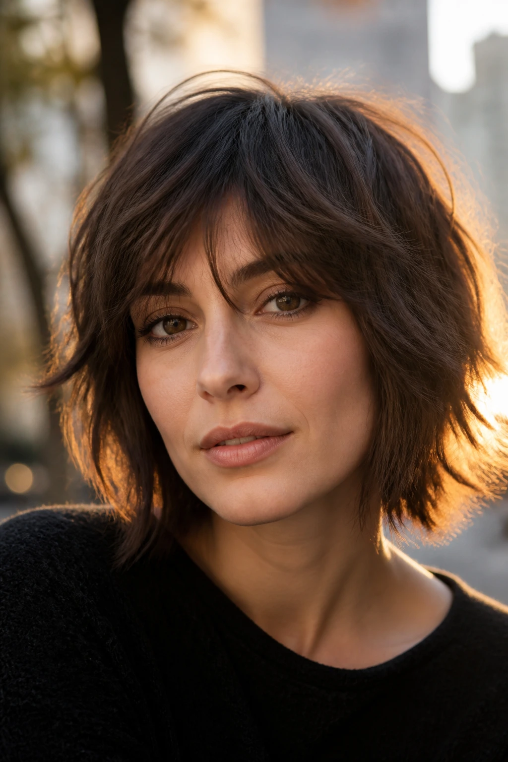 Close-up of a real woman with a shaggy layered bob and wispy ends.